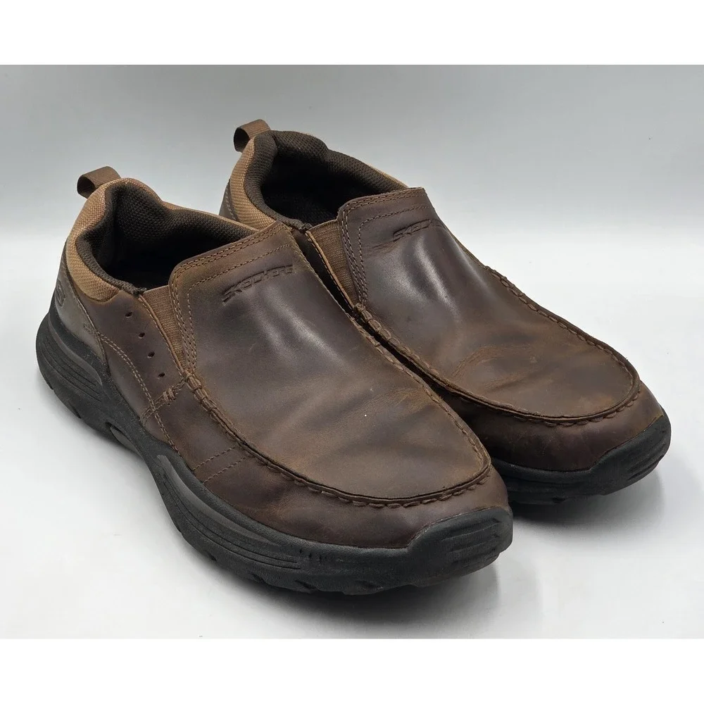 Skechers Expended Seveno Slip On Loafer Relaxed‎ Fit Brown Leather Sz 11 66146